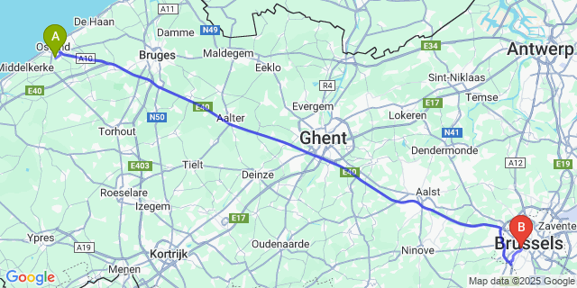 Map: Brussels Midi Train Station to Stene