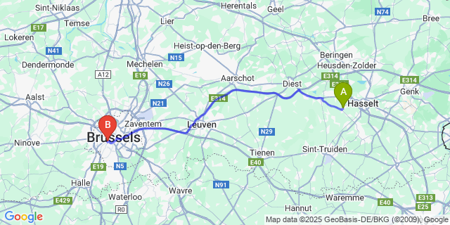 Map: Brussels Midi Train Station to Stevoort