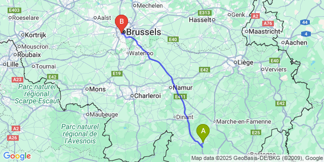 Map: Brussels Midi Train Station to Tellin