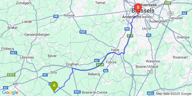 Map: Brussels Midi Train Station to Thoricourt