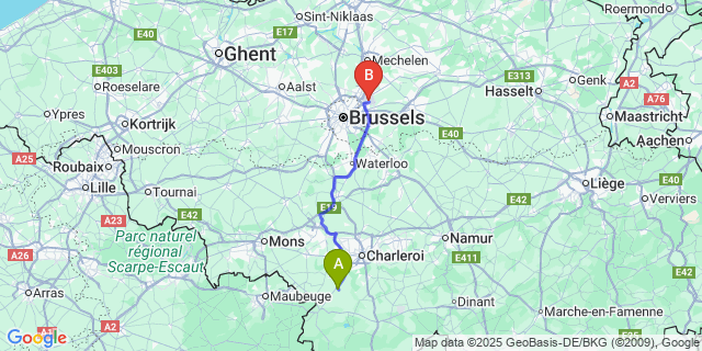 Map: Brussels Zaventem Airport (BRU) to Thuillies