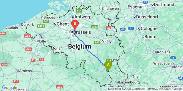 Map: Brussels Zaventem Airport (BRU) to Tintange