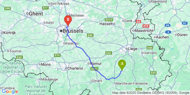Map: Brussels Zaventem Airport (BRU) to Tohogne