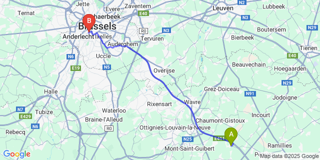 Map: Brussels Midi Train Station to Tourinnes-Saint-Lambert