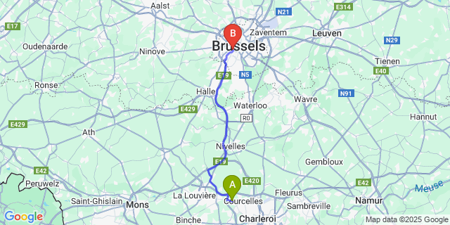 Map: Brussels Midi Train Station to Trazegnies