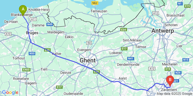 Map: Brussels Zaventem Airport (BRU) to Uitkerke