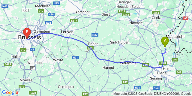 Map: Brussels Midi Train Station to Val-Meer