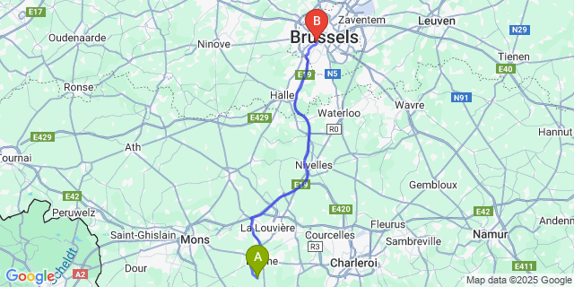 Map: Brussels Midi Train Station to Vellereille-Les-Brayeux