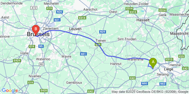 Map: Brussels Midi Train Station to Velroux