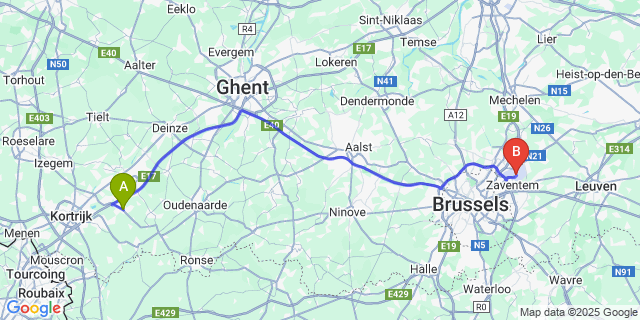 Map: Brussels Zaventem Airport (BRU) to Vichte