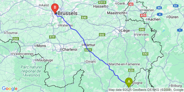 Map: Brussels Midi Train Station to Villers-La-Bonne-Eau