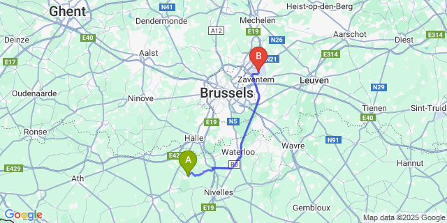 Map: Brussels Zaventem Airport (BRU) to Virginal-Samme