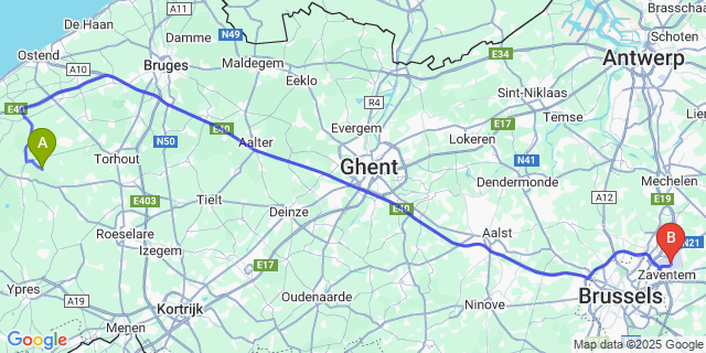 Map: Brussels Zaventem Airport (BRU) to Vladslo