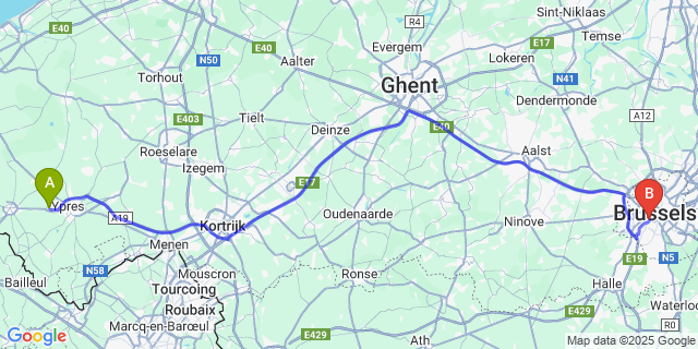 Map: Brussels Midi Train Station to Vlamertinge