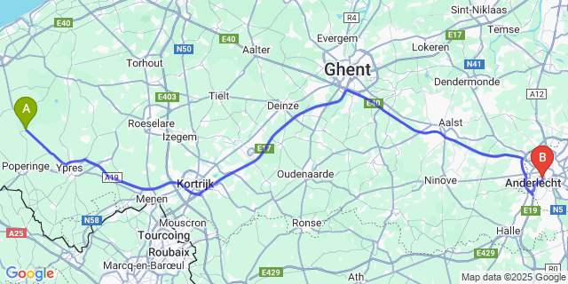 Map: Brussels Midi Train Station to Vleteren