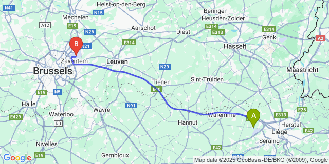 Map: Brussels Zaventem Airport (BRU) to Voroux-Goreux