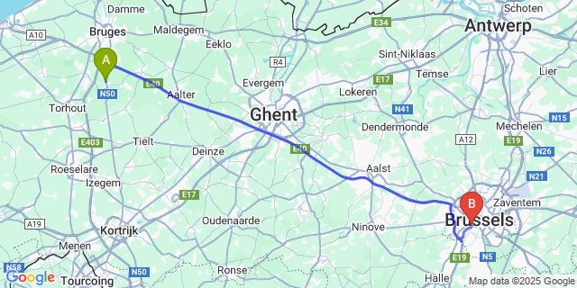 Map: Brussels Midi Train Station to Waardamme