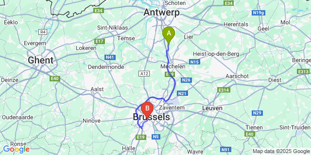 Map: Brussels Midi Train Station to Waarloos