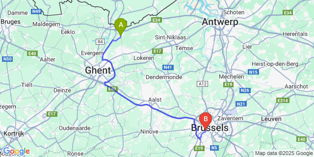 Map: Brussels Midi Train Station to Wachtebeke