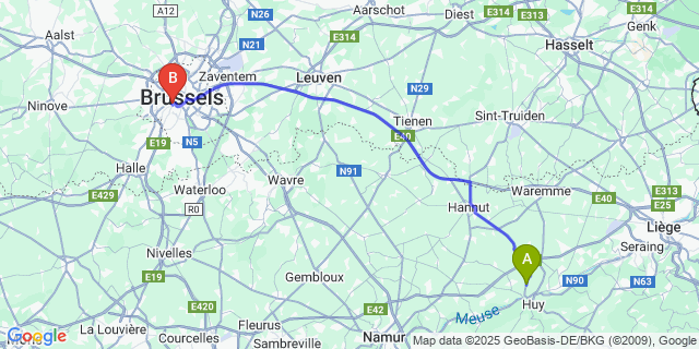 Map: Brussels Midi Train Station to Wanze