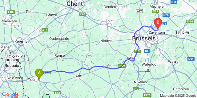 Map: Brussels Zaventem Airport (BRU) to Warchin