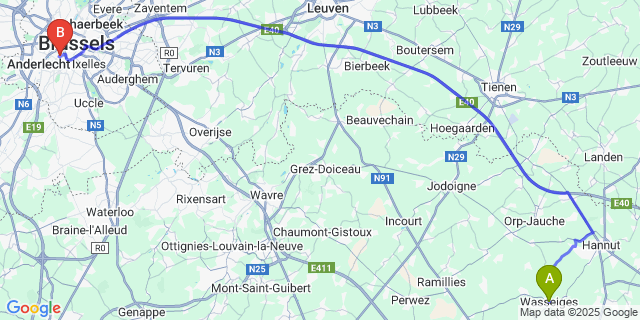 Map: Brussels Midi Train Station to Wasseiges