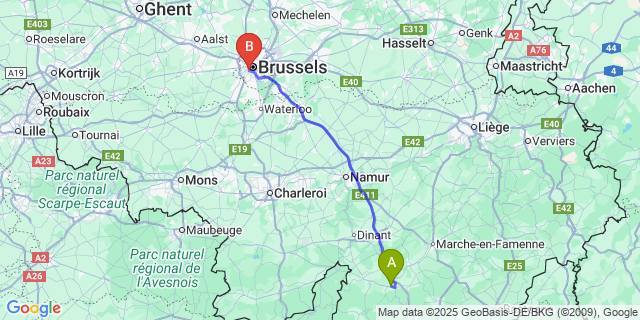 Map: Brussels Midi Train Station to Wellin