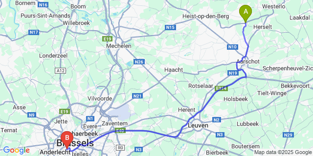 Map: Brussels Midi Train Station to Westmeerbeek