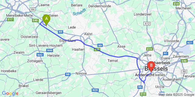 Map: Brussels Midi Train Station to Westrem