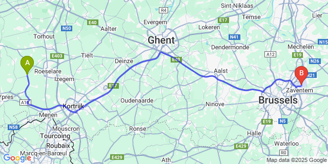 Map: Brussels Zaventem Airport (BRU) to Westrozebeke