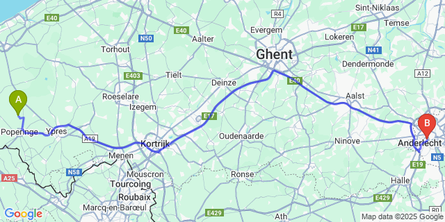 Map: Brussels Midi Train Station to Westvleteren