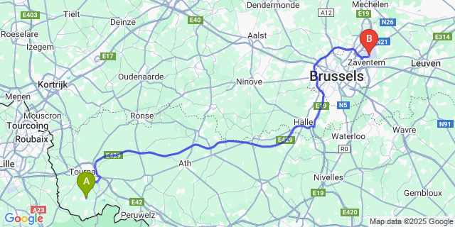 Map: Brussels Zaventem Airport (BRU) to Wez-Velvain