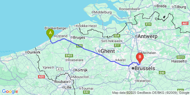 Map: Brussels Zaventem Airport (BRU) to Wilskerke