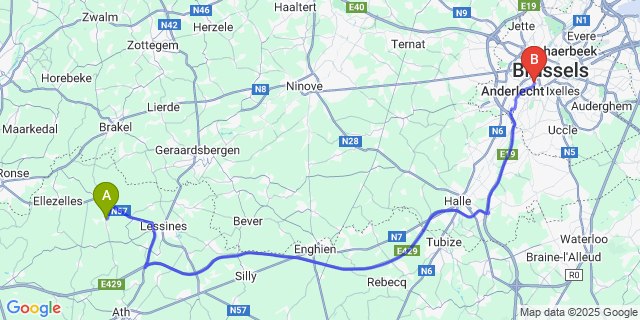 Map: Brussels Midi Train Station to Wodecq