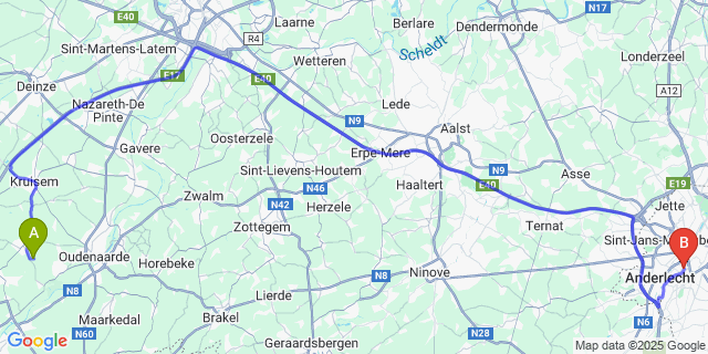 Map: Brussels Midi Train Station to Wortegem-Petegem