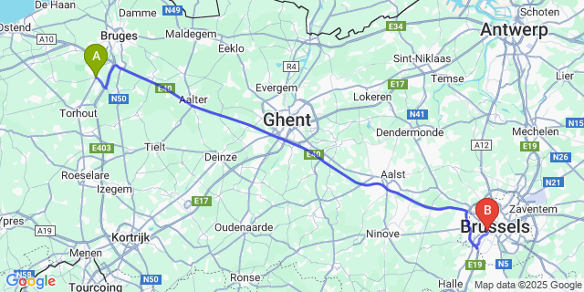 Map: Brussels Midi Train Station to Zedelgem