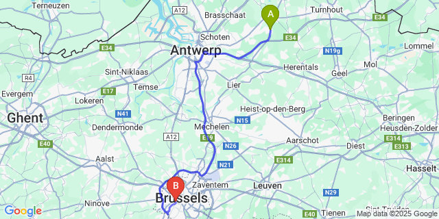 Map: Brussels Midi Train Station to Zoersel