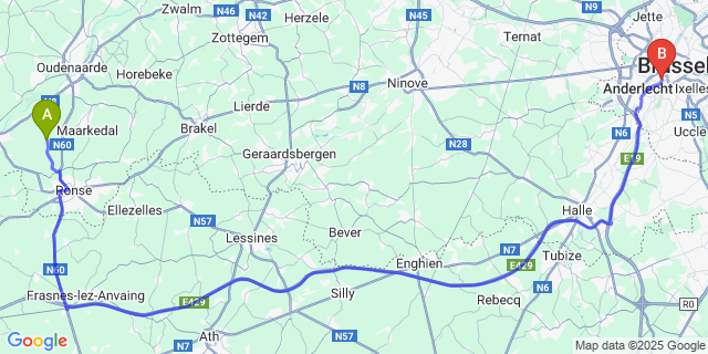 Map: Brussels Midi Train Station to Zulzeke