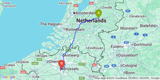 Map: Brussels Midi Train Station to Apeldoorn