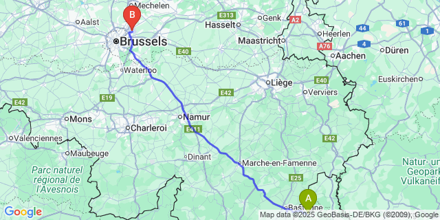 Map: Brussels Zaventem Airport (BRU) to Winseler