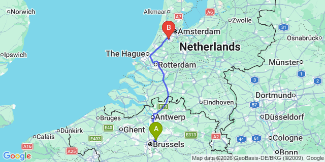 Map: Brussels Zaventem Airport (BRU) to Aalsmeer
