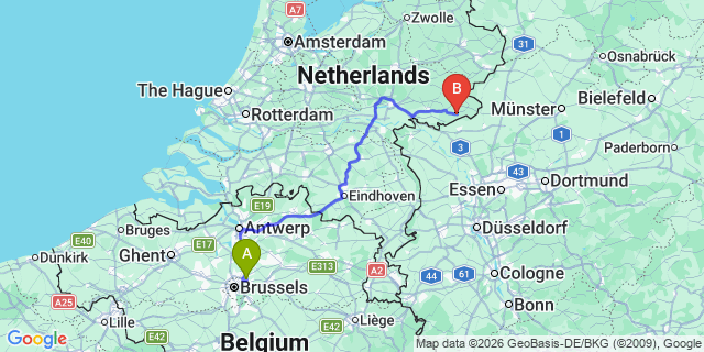 Map: Brussels Zaventem Airport (BRU) to Aalten