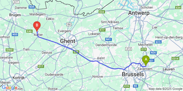 Map: Brussels Zaventem Airport (BRU) to Aalter-Brug