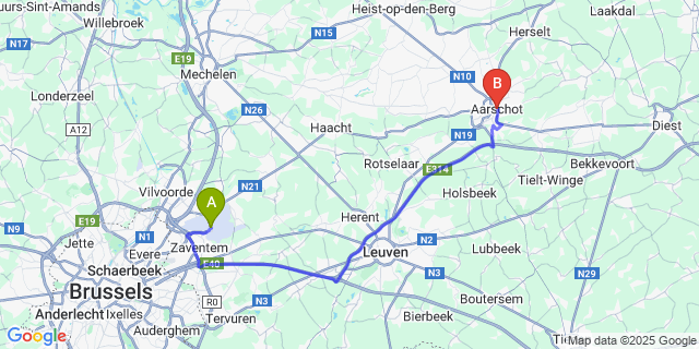 Map: Brussels Zaventem Airport (BRU) to Aarschot