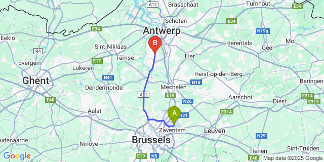 Map: Brussels Zaventem Airport (BRU) to Aartselaar