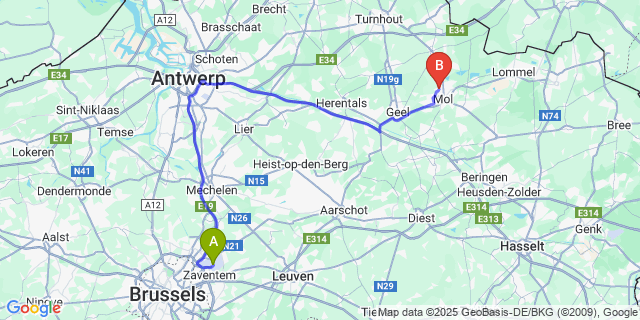 Map: Brussels Zaventem Airport (BRU) to Achterbos
