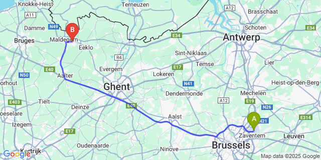 Map: Brussels Zaventem Airport (BRU) to Adegem