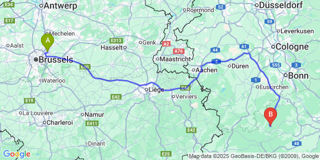 Map: Brussels Zaventem Airport (BRU) to Adenau