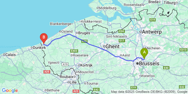 Map: Brussels Zaventem Airport (BRU) to Adinkerke
