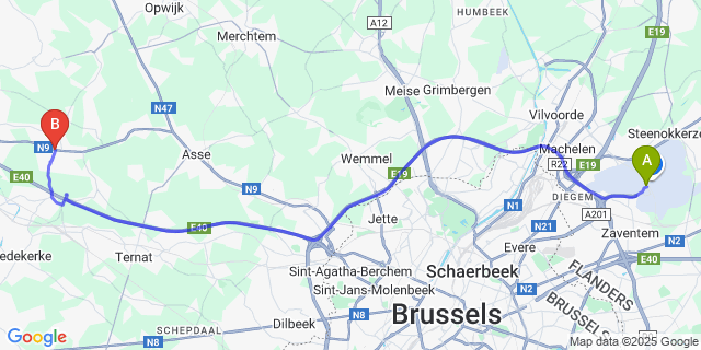 Map: Brussels Zaventem Airport (BRU) to Affligem